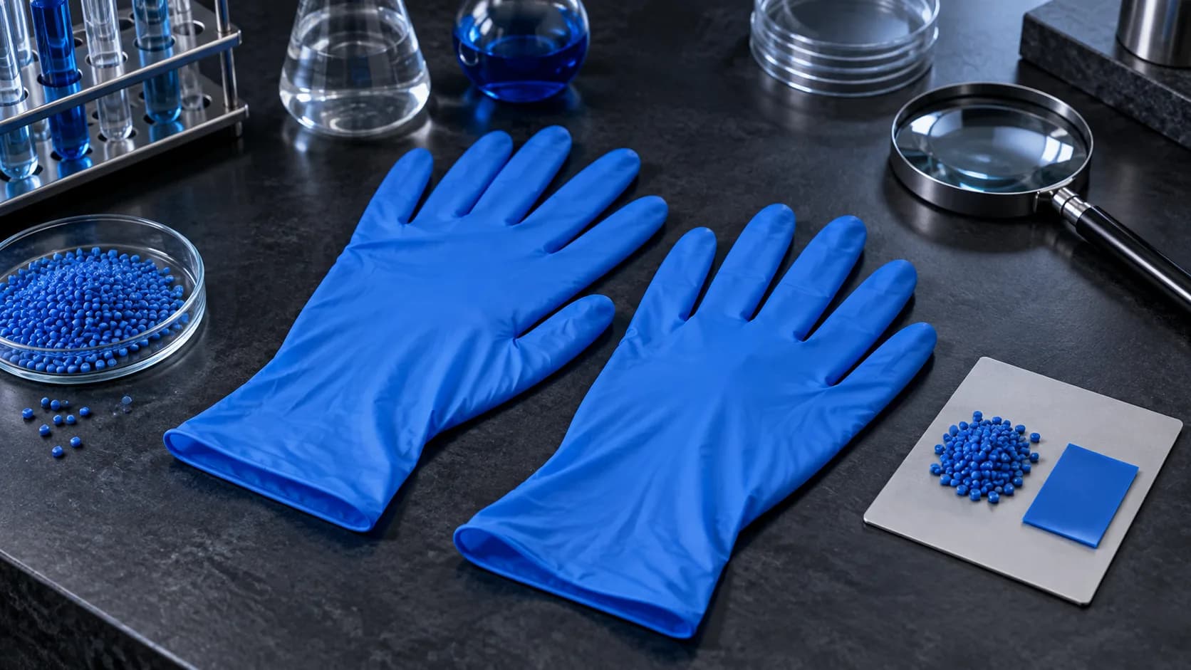 Two blue nitrile gloves beside a magnifier and formulation samples on a dark laboratory inspection bench