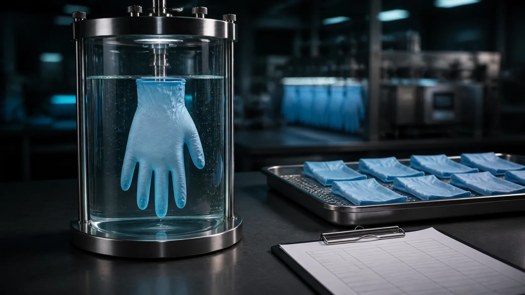 Blue disposable glove in a laboratory water-leak vessel beside sampled gloves and a blank inspection grid