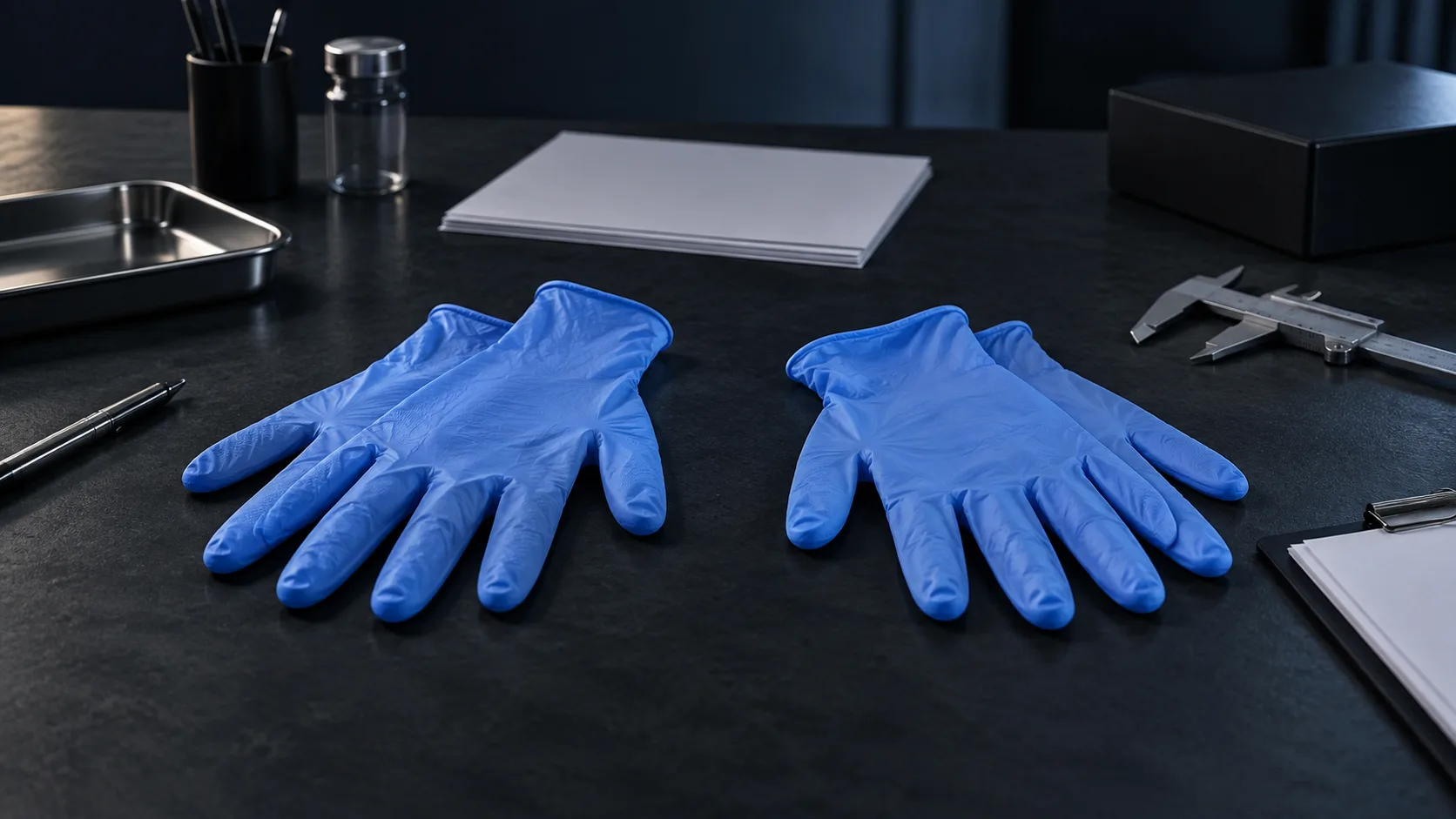 Two unmarked blue examination gloves with blank quality documents and a measuring instrument on a dark bench