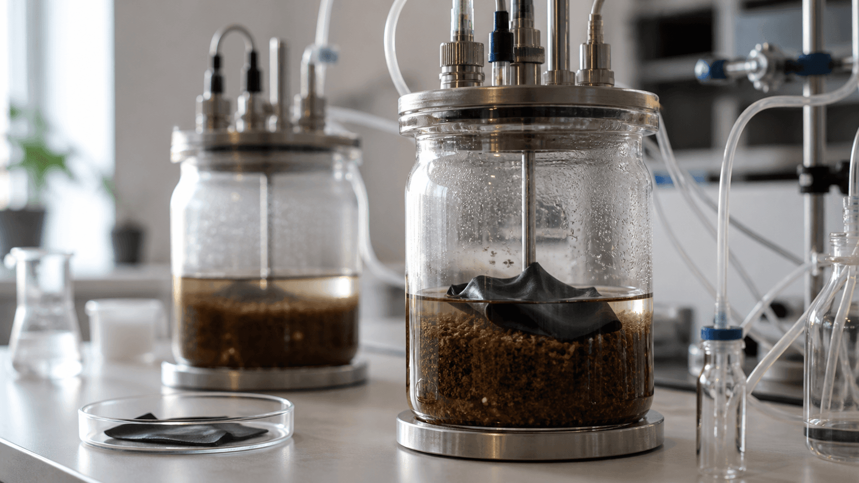 Black nitrile material sample in a controlled anaerobic biodegradation laboratory vessel