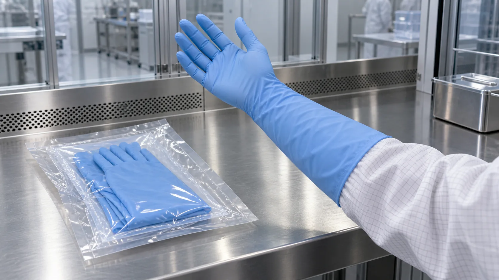 An unbranded blue nitrile glove pair in clear layered packaging on a stainless contamination-control transfer bench
