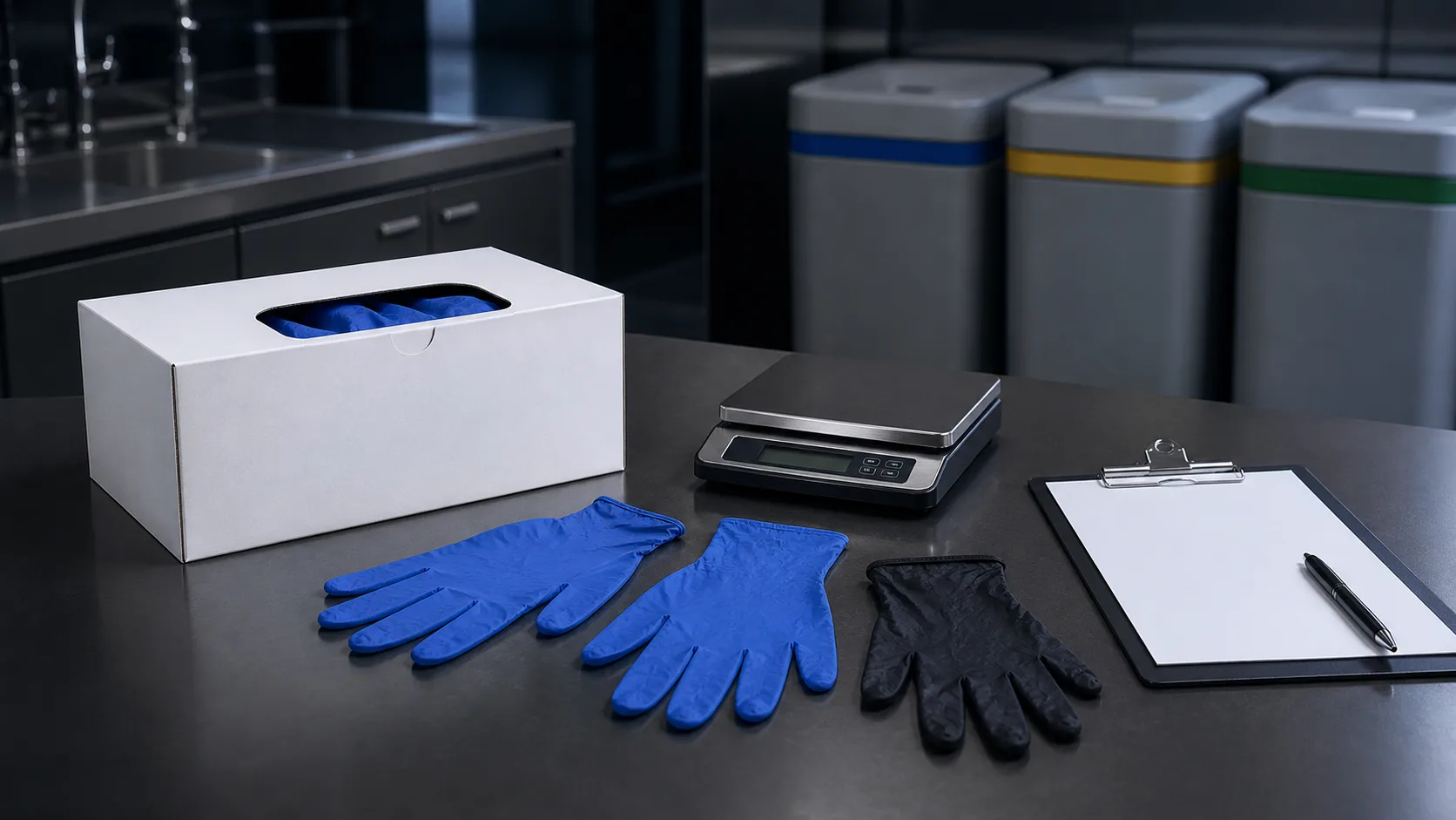 Blue and black disposable gloves beside a glove carton, weighing scale and waste-audit clipboard in a clean segregation area