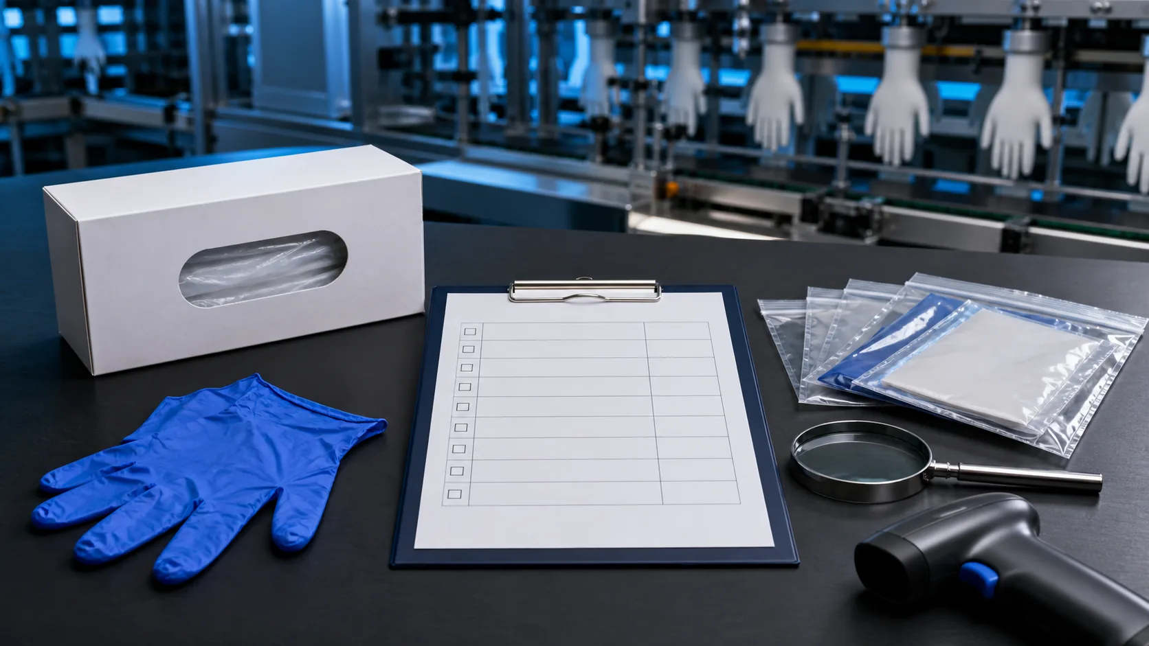 Unbranded glove carton, blue nitrile glove, audit checklist and inspection tools beside a manufacturing line