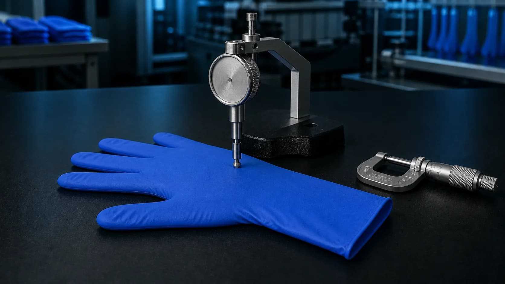 Blue nitrile glove measured at the palm with a precision thickness gauge on a dark quality-control bench