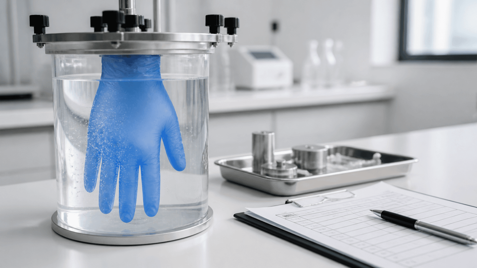 Blue medical glove undergoing a controlled water-leak integrity test in a laboratory