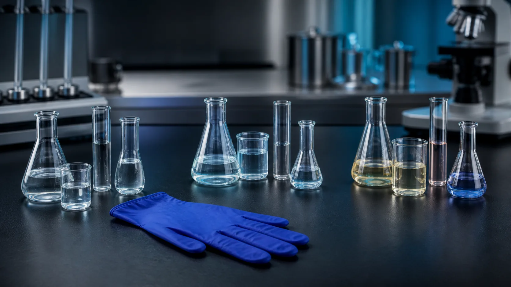Blue nitrile glove beside three groups of glass chemical test vessels on a dark laboratory bench