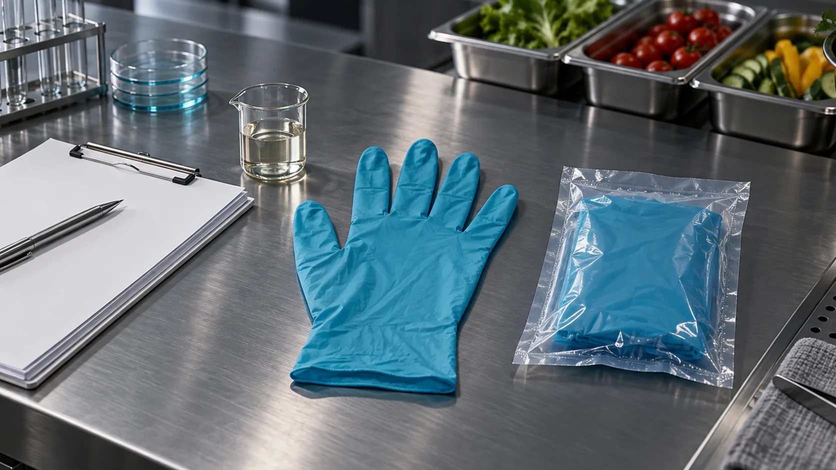 Complete teal-blue disposable glove beside a sealed sample and blank quality documents on a stainless food-production bench