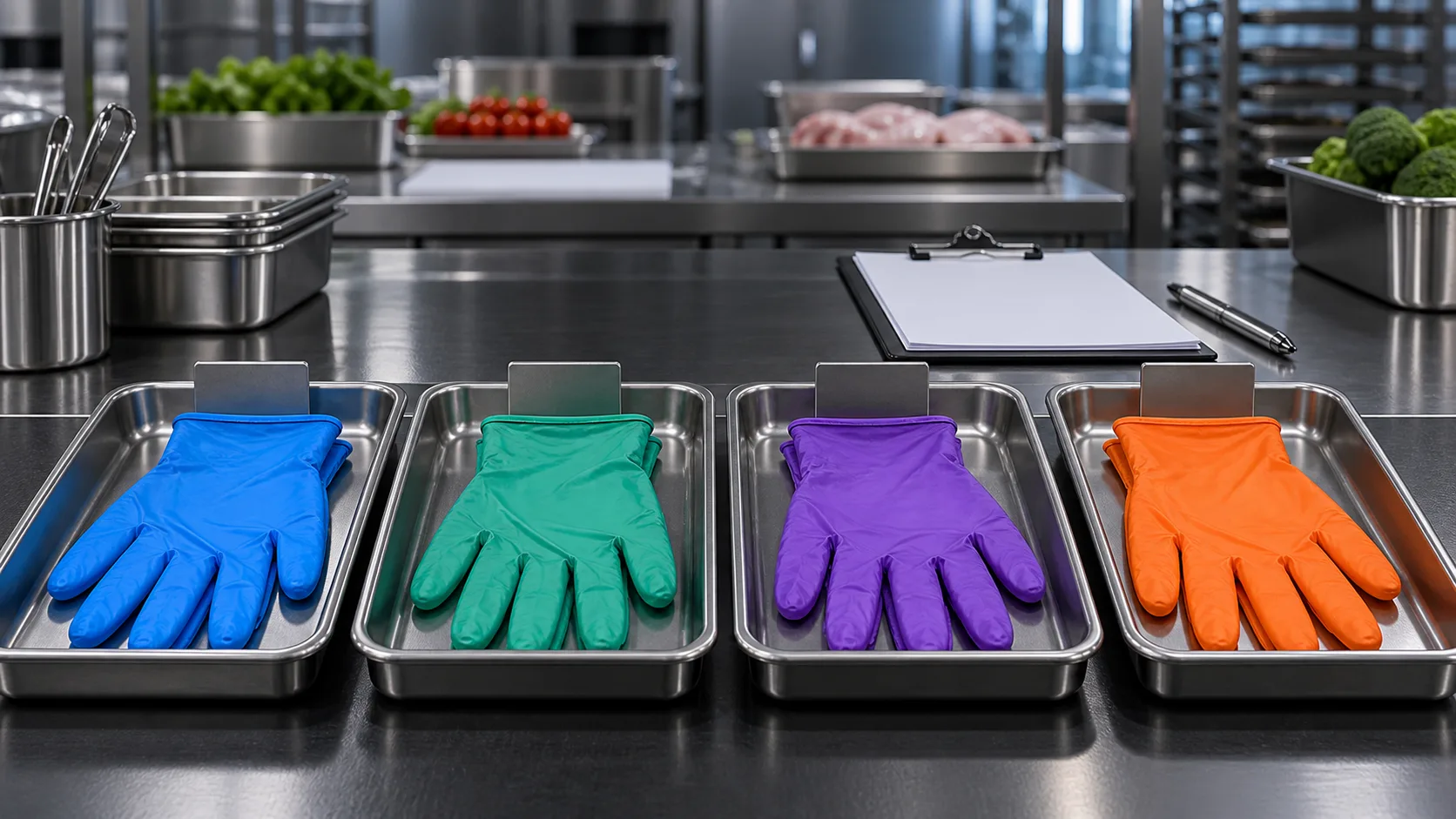 Blue, green, purple and orange disposable gloves separated into stainless-steel trays at a food-production inspection station