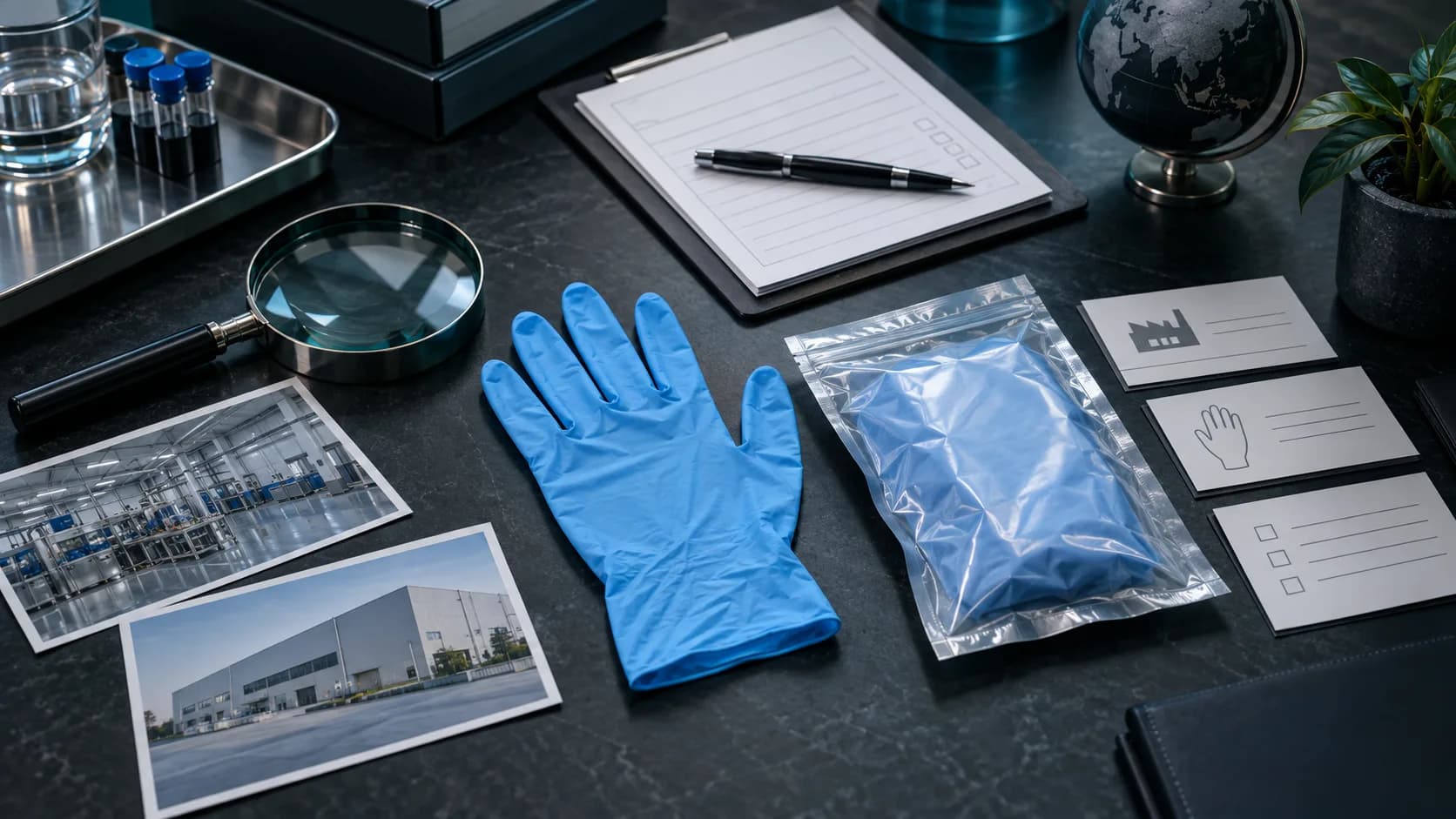 An unbranded blue nitrile glove sample, sealed sample pouch, magnifier and neutral document cards on a dark verification desk