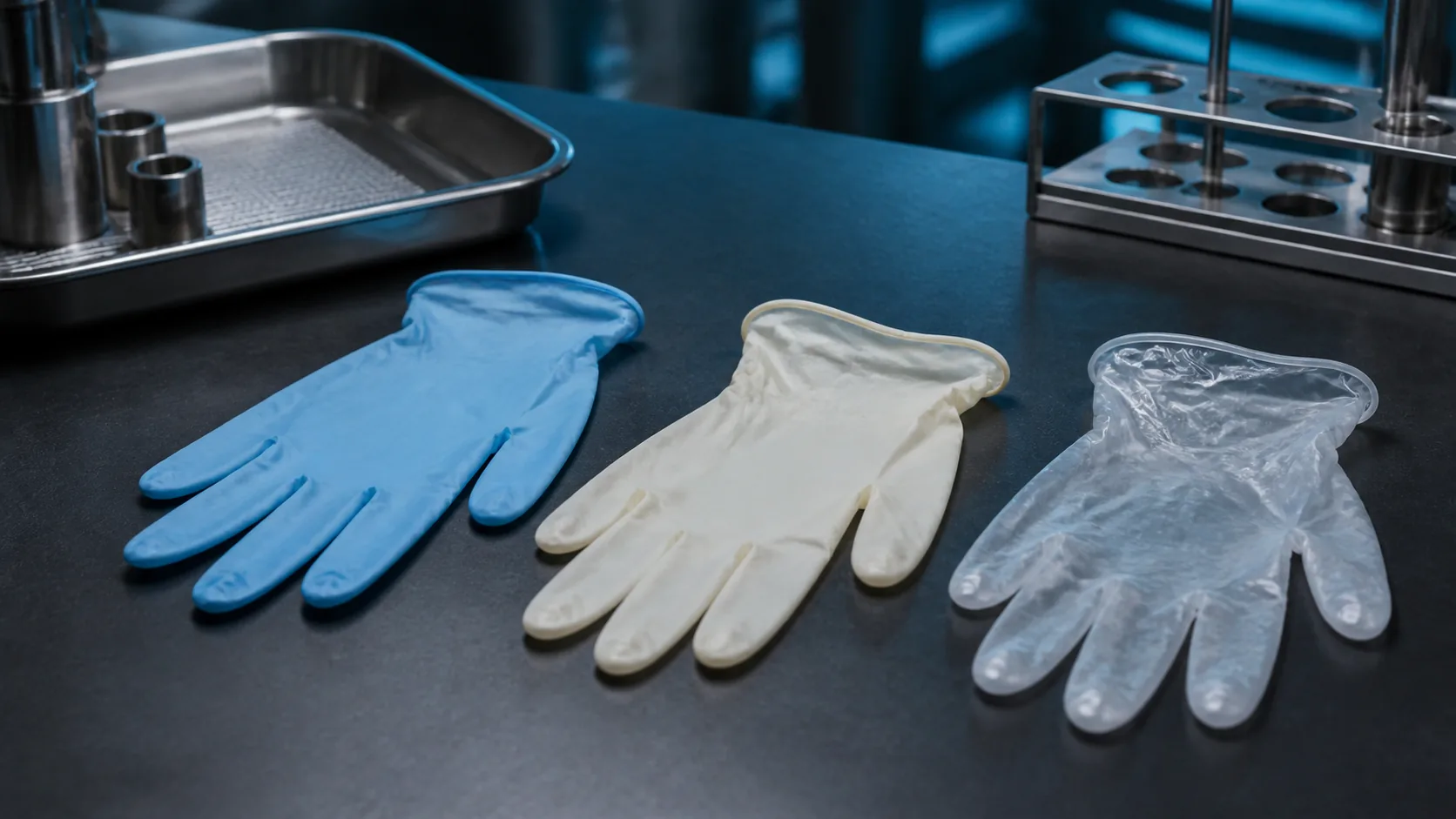 Blue nitrile, natural ivory latex and clear vinyl disposable gloves arranged on a dark laboratory workbench