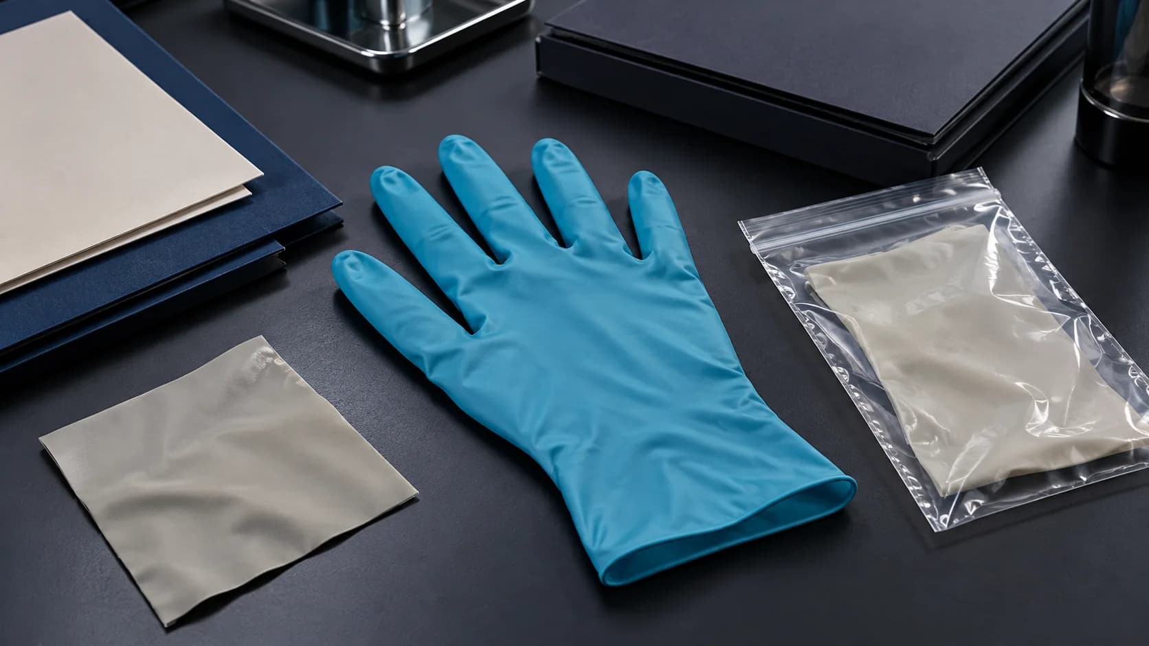 Complete unmarked teal examination glove beside blank technical folders and sealed material samples on a dark review bench