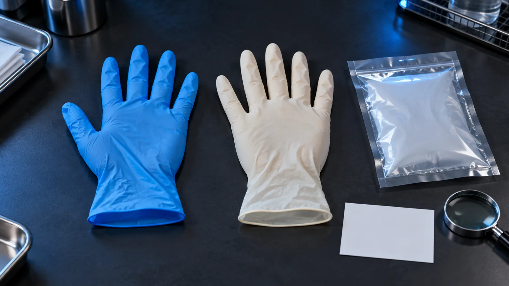 Complete blue and pale disposable gloves beside a sealed blank sample pouch and magnifier on a dark quality bench