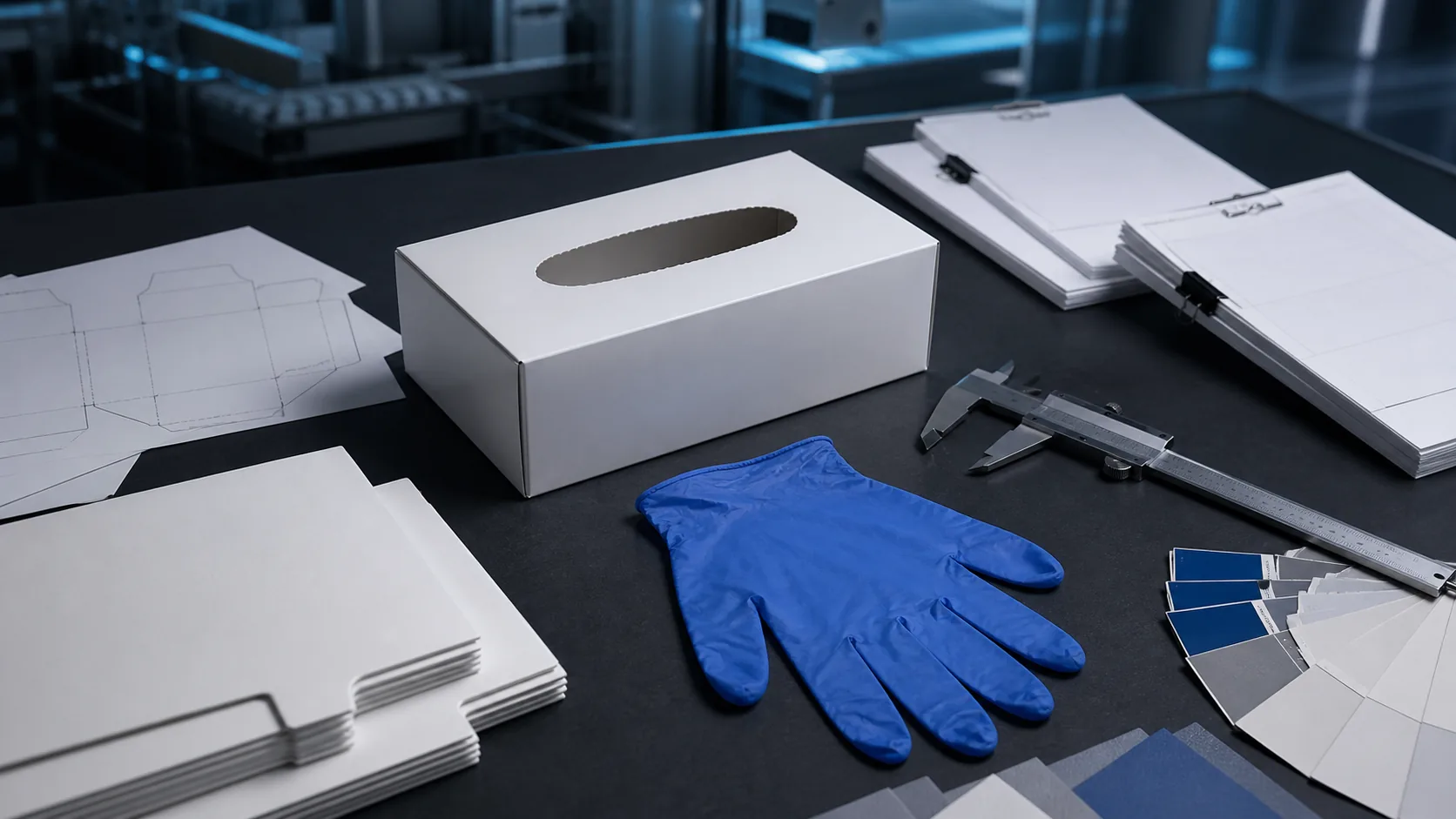 Unbranded glove box, blue nitrile glove, carton dielines, caliper and colour swatches on a dark packaging-development workbench