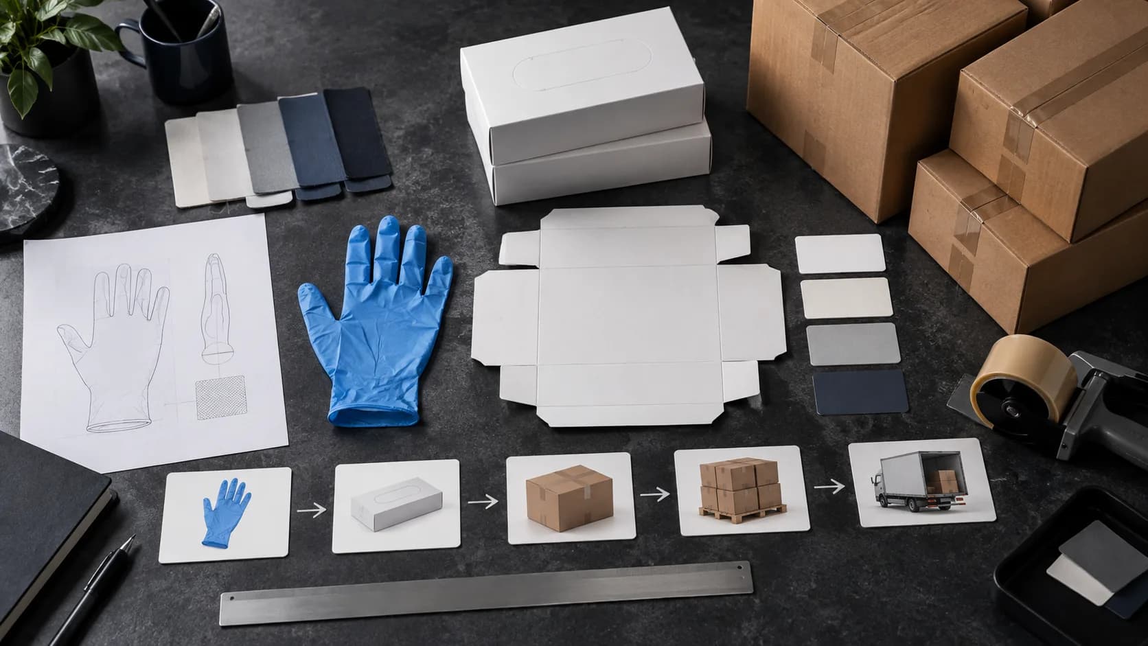 Unbranded blue glove, blank box dieline, sample cartons and shipping cases arranged on a dark planning table