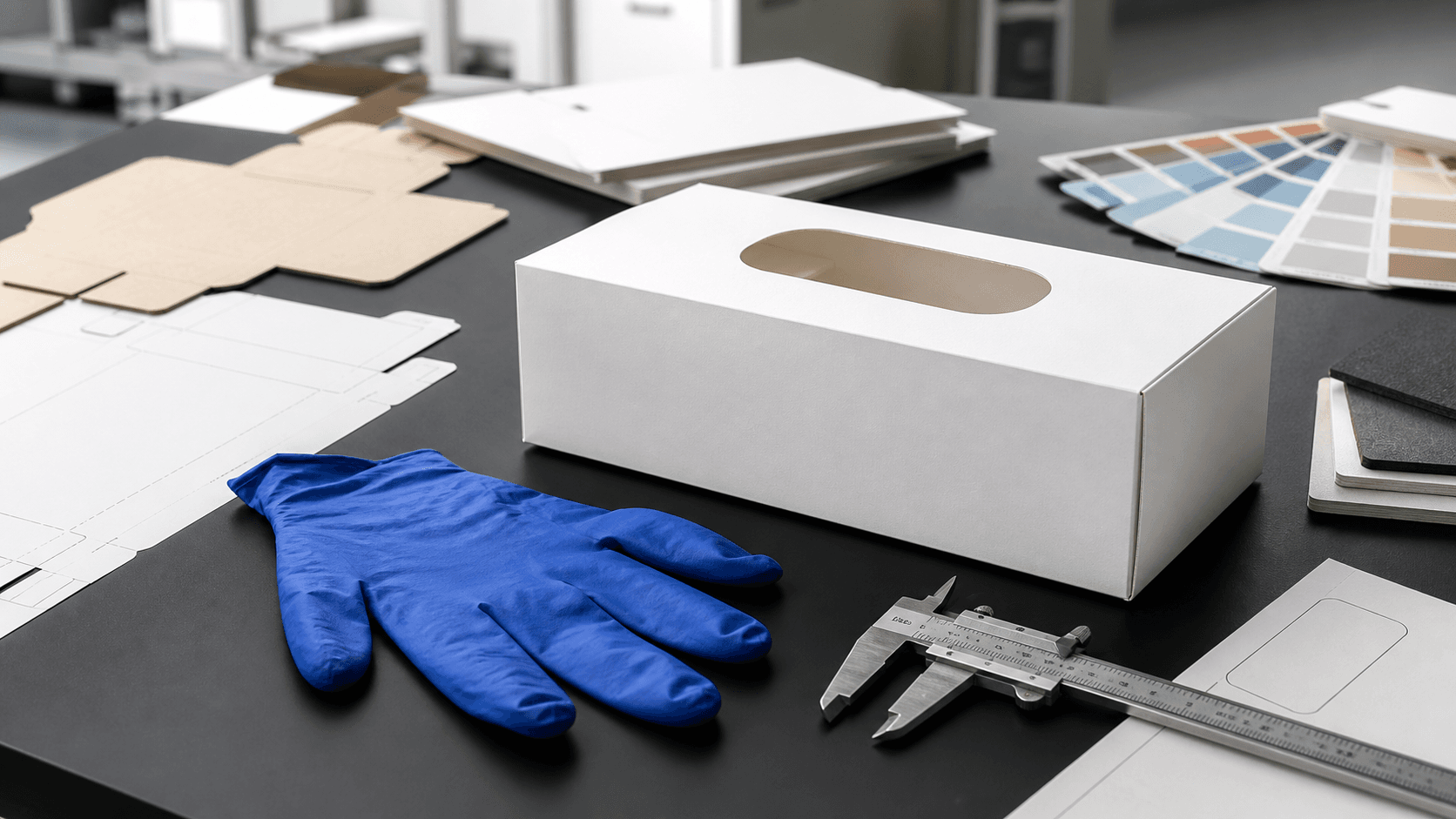 Unbranded glove carton prototype, blue nitrile glove, packaging plans and inspection tools on a development worktable