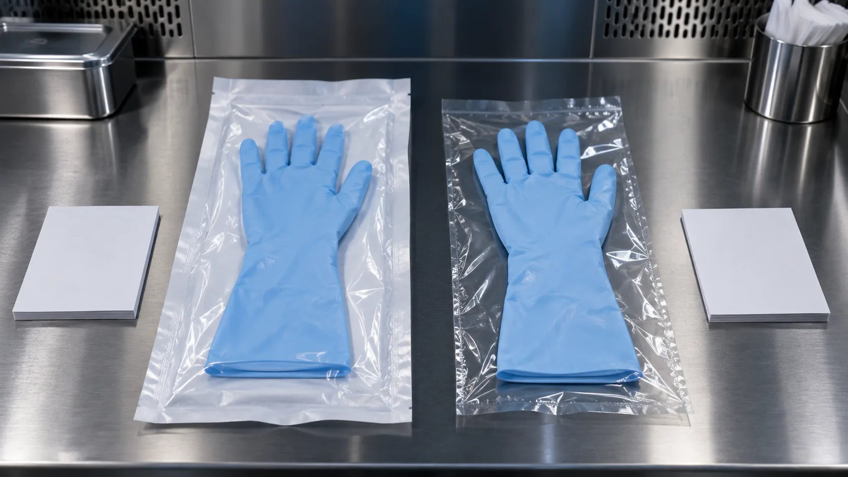 Two complete blue extended-cuff cleanroom gloves in different clear packaging formats on a stainless transfer bench