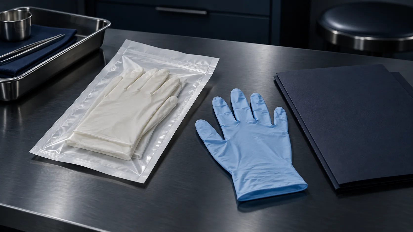 An unmarked sealed glove pair beside a loose blue examination glove and document folders on a dark clinical review bench