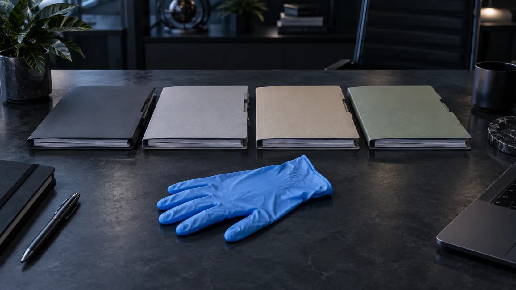 Blue unmarked glove before four blank document folders on a dark review table