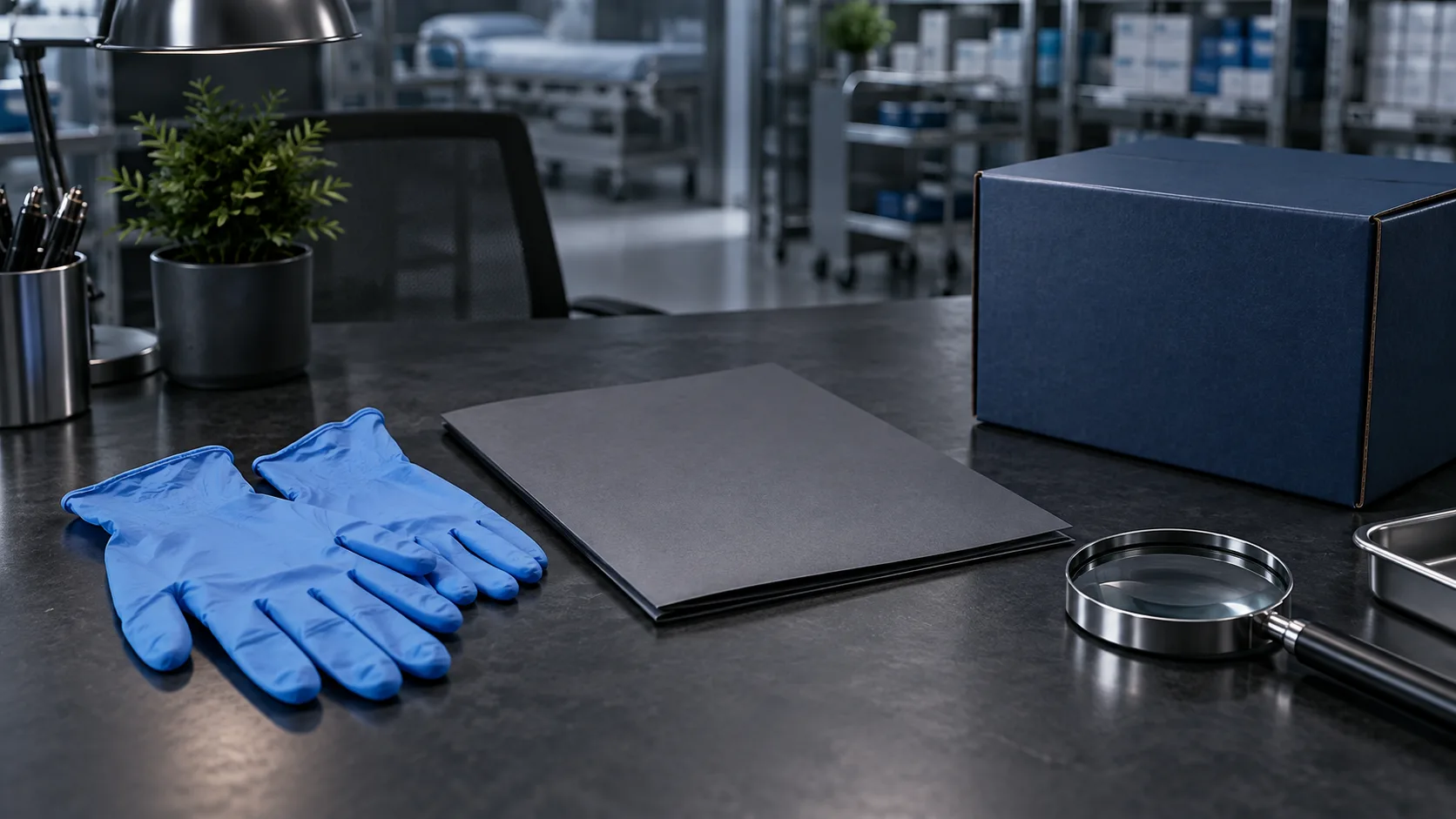 Blue examination gloves beside a blank document folder, magnifier and unmarked supply carton on a dark review desk