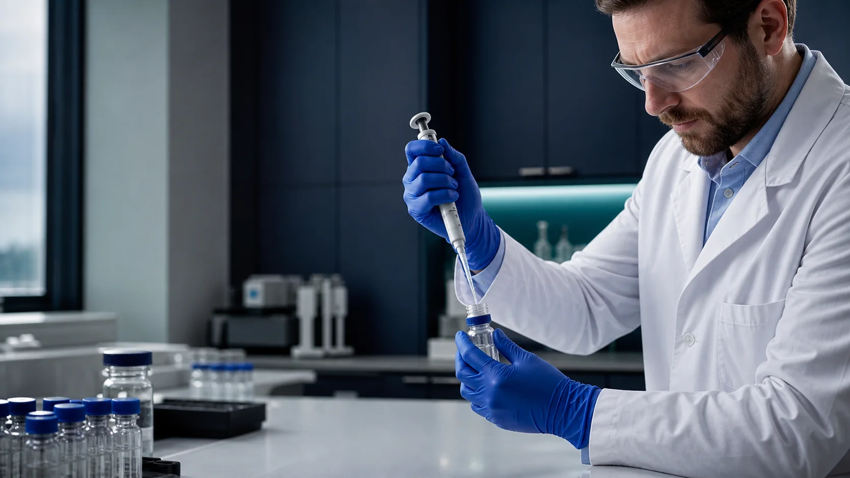 Laboratory scientist handling a sample vial and pipette while wearing blue nitrile gloves