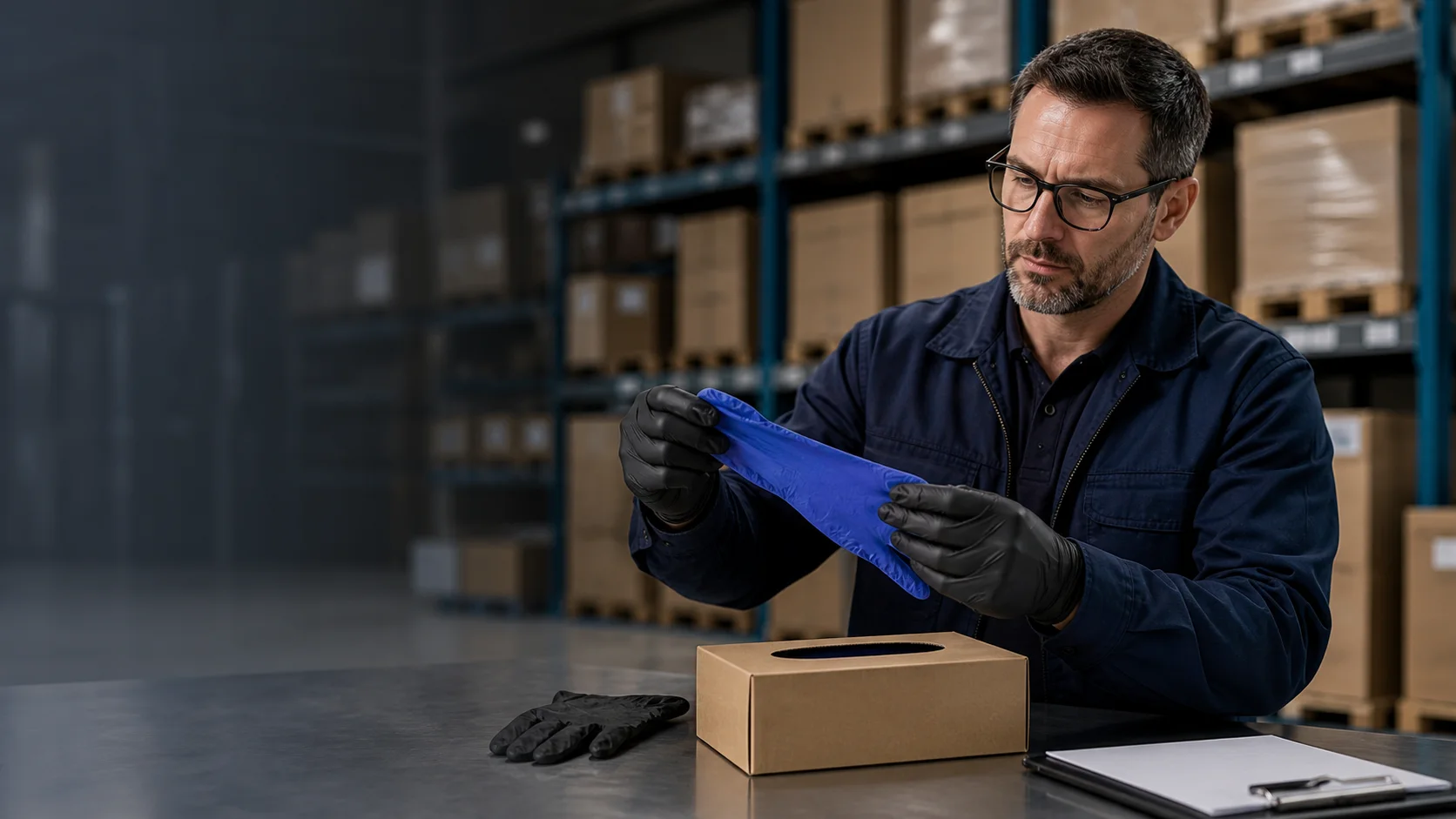 North American quality manager inspecting a nitrile glove and unbranded dispenser carton