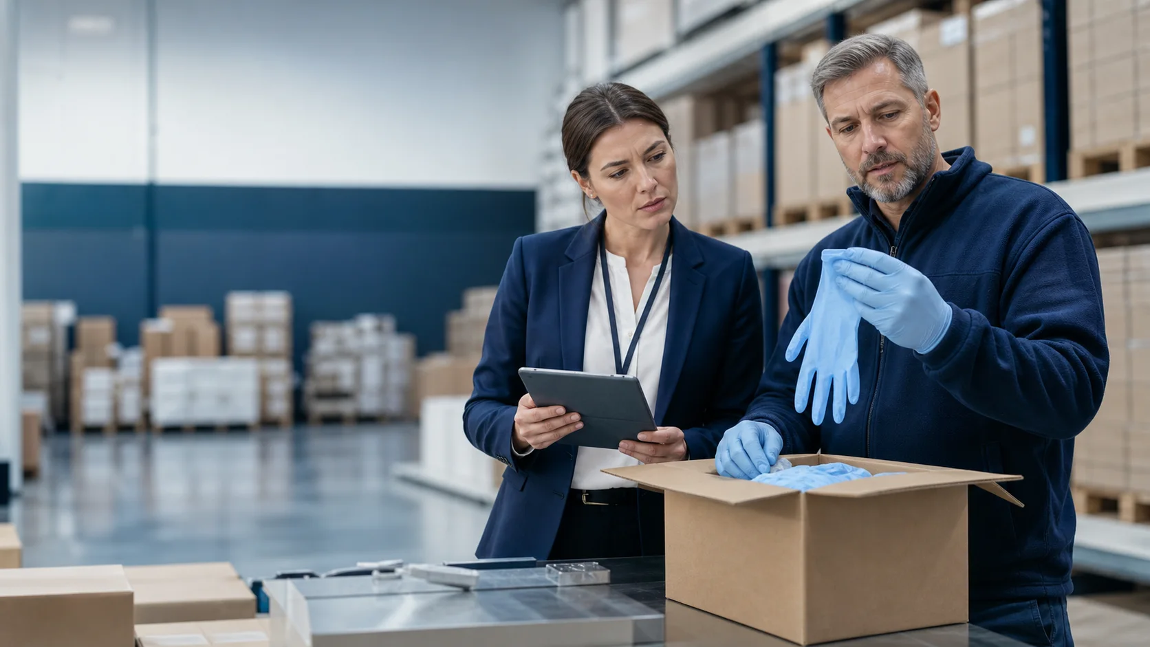 UK procurement and warehouse professionals reviewing a nitrile glove sample