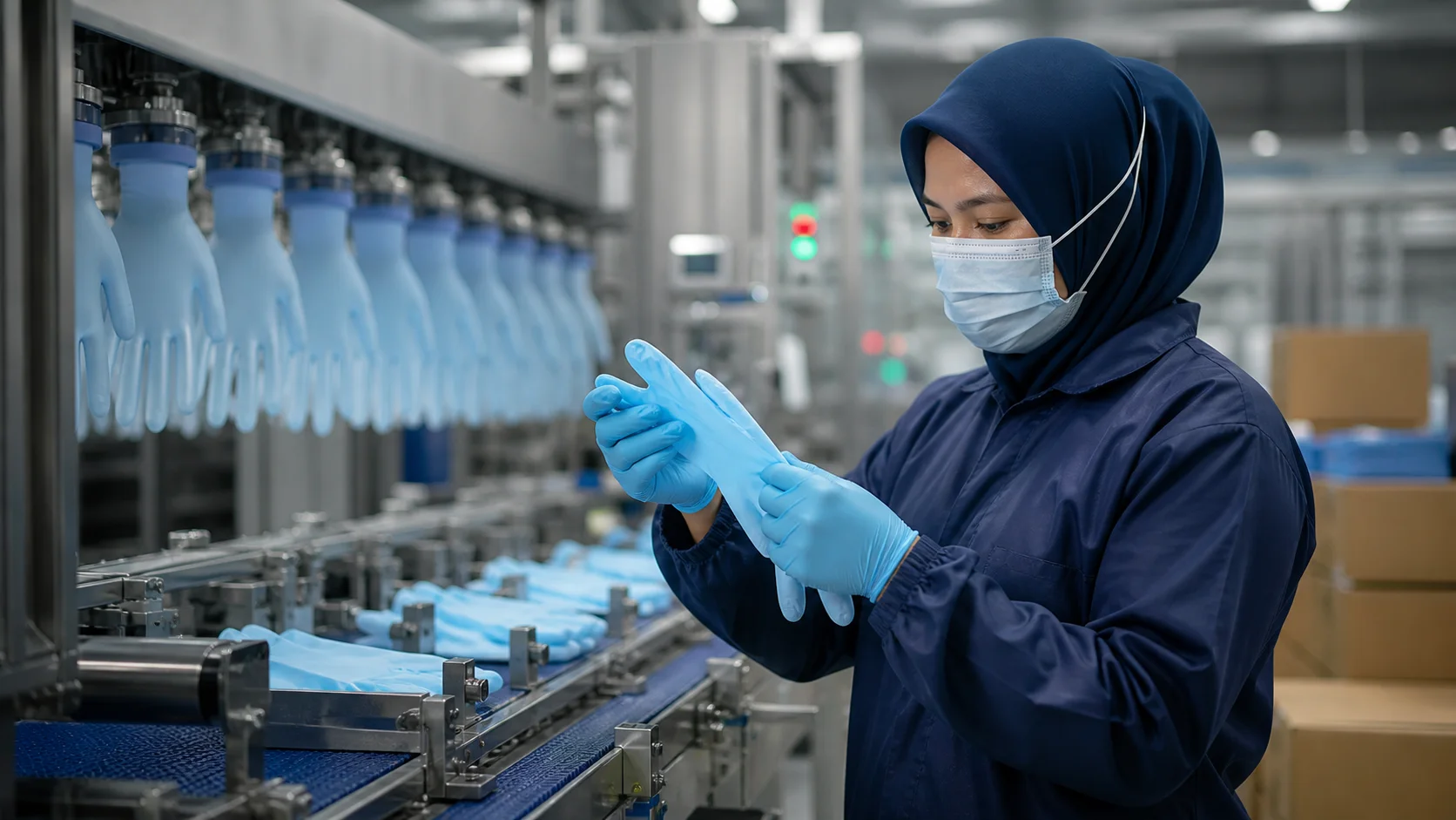 Quality-control specialist inspecting nitrile gloves at a Malaysian production facility