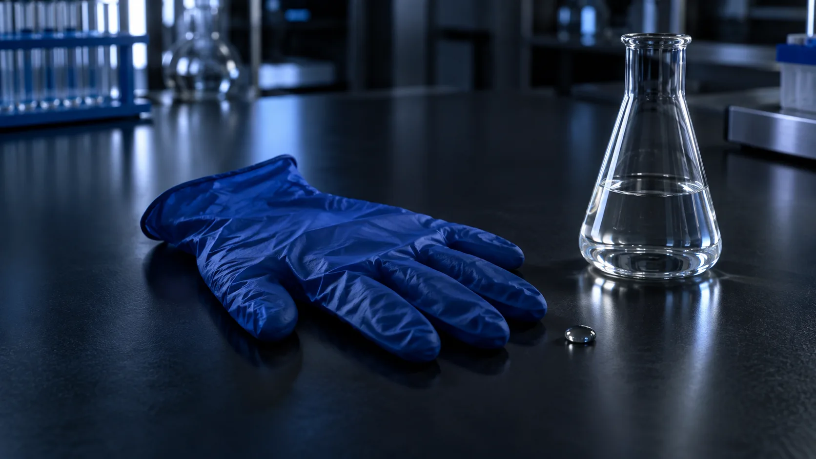 Unmarked blue glove beside a clear laboratory vessel and droplet on a dark bench