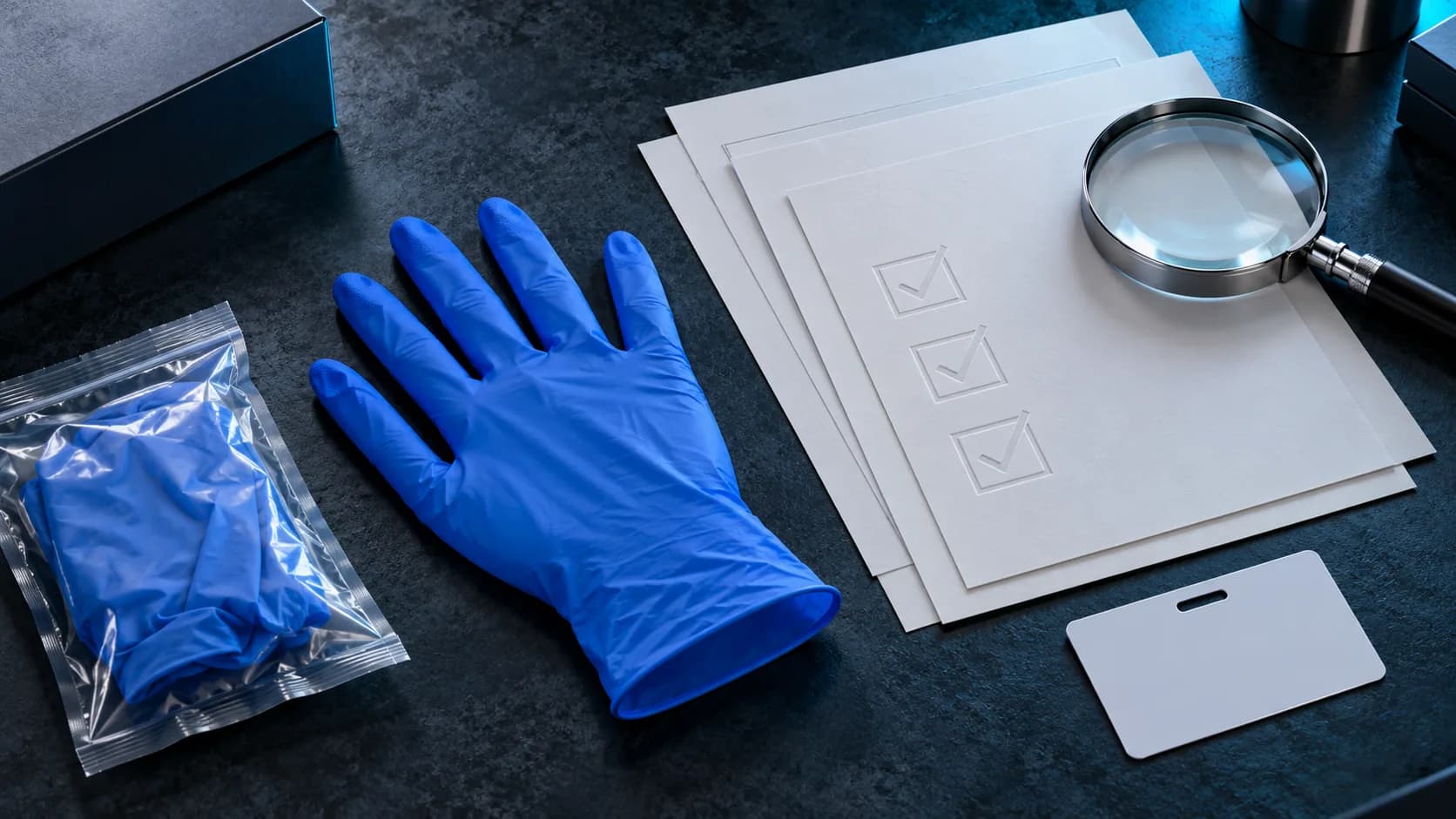 Complete blue disposable glove beside blank document sheets, a magnifying glass and a sealed glove sample on a quality desk