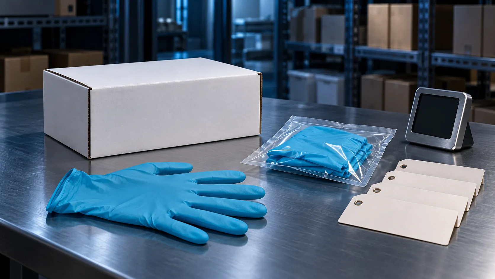 Complete blue disposable glove beside a sealed sample pack, blank carton, monitor and stock-control cards in a cool warehouse