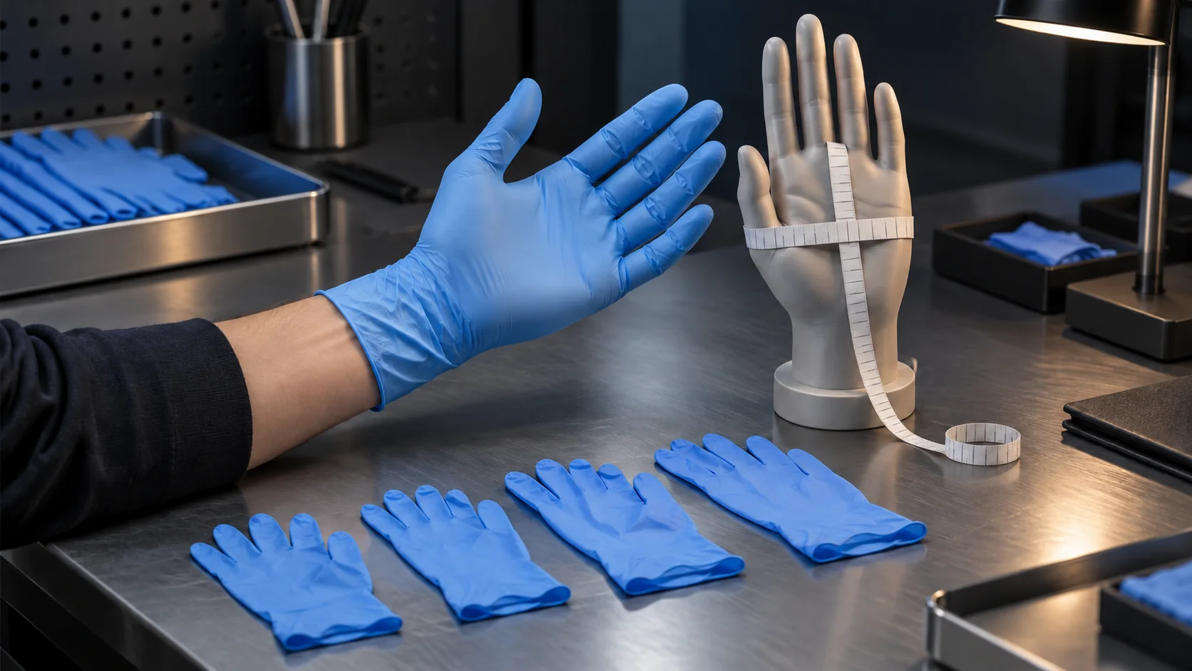 Complete blue nitrile glove being assessed beside an anatomical hand former with an unnumbered measuring tape and four glove samples