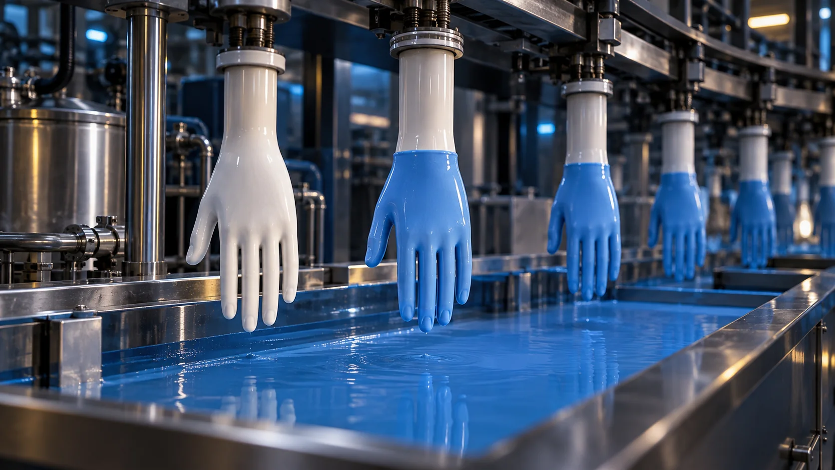 Anatomical ceramic hand formers carrying blue nitrile glove films above a stainless dipping bath on an unbranded production line