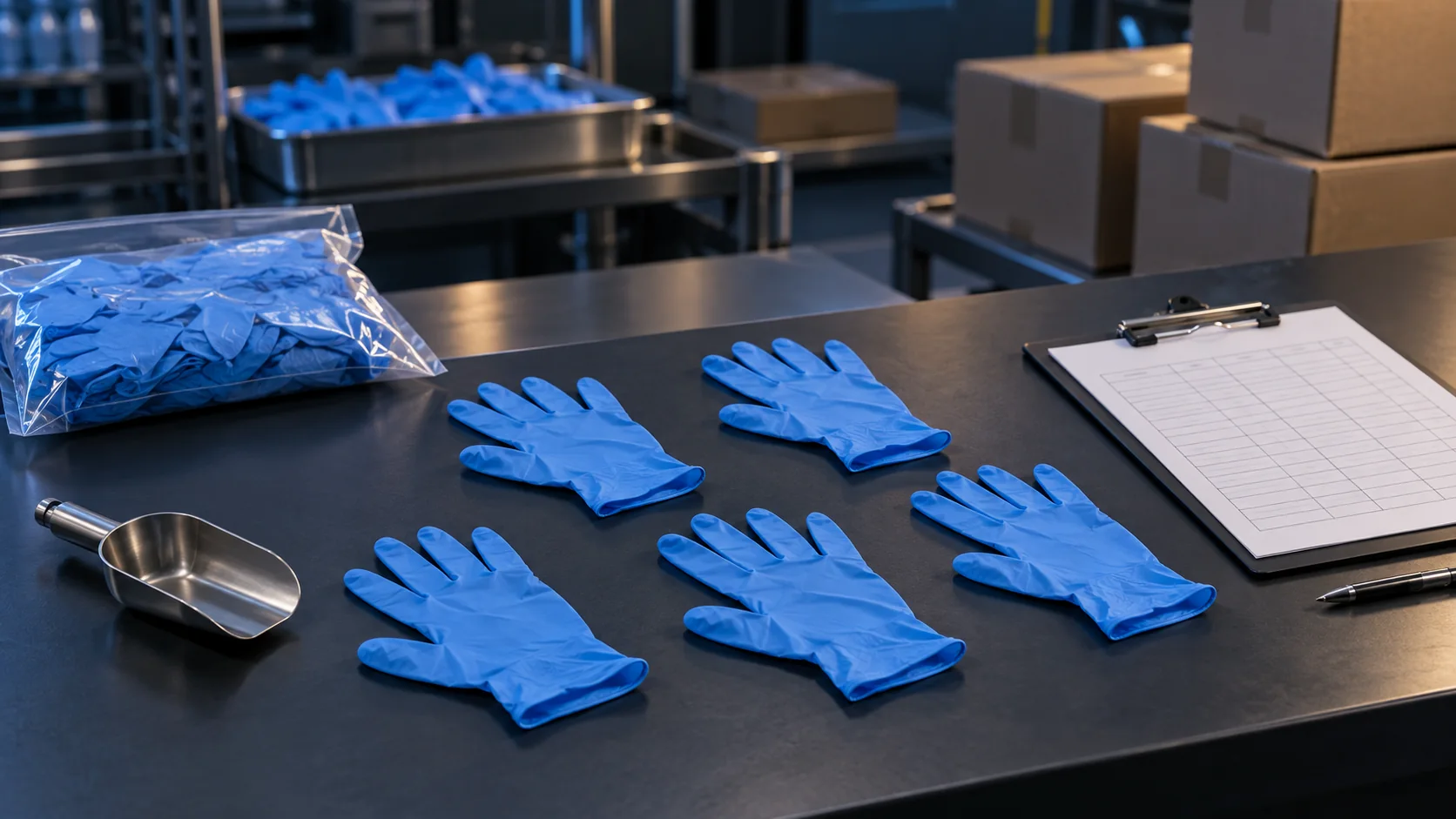 Six complete blue disposable gloves arranged as a quality sample beside a sealed lot bag, sampling scoop and blank inspection grid