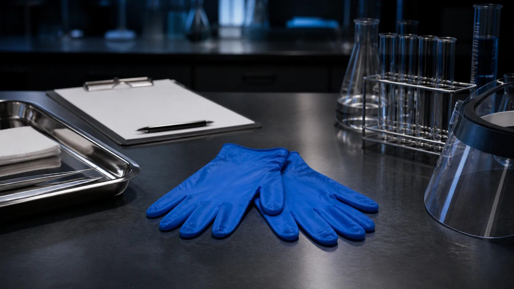 Blue disposable gloves between a clinical examination tray and laboratory protective equipment on a dark inspection bench