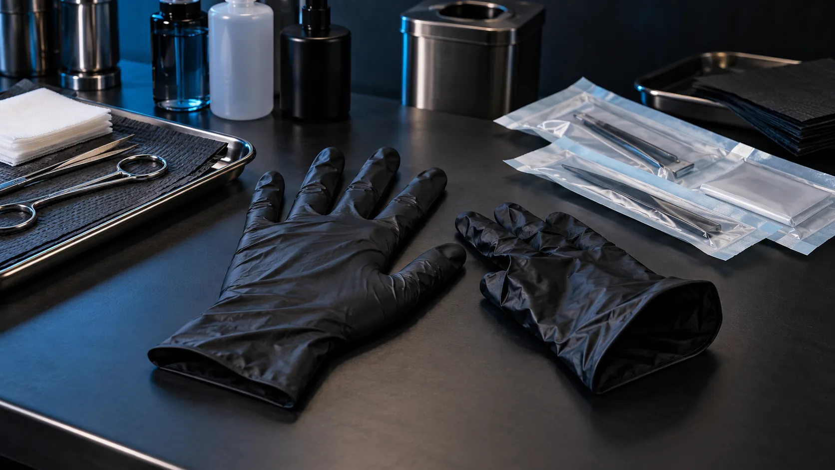 Two complete black nitrile gloves beside sealed instruments and unlabelled studio supplies on a dark preparation bench