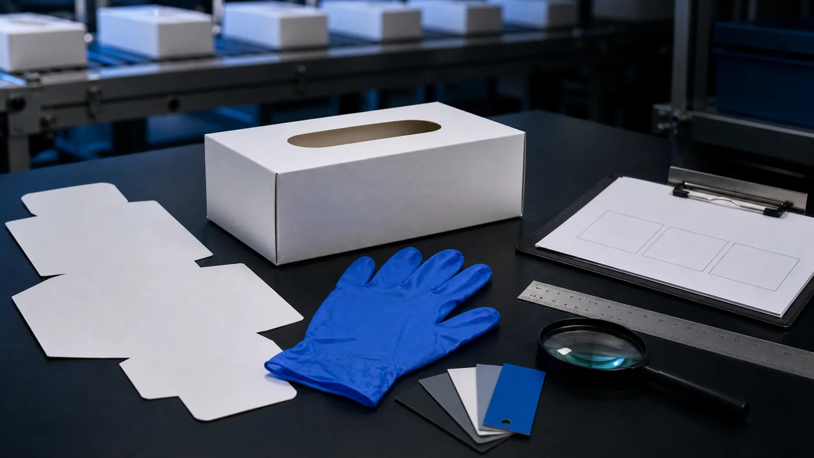 Blank glove dispenser carton, blue disposable glove, carton dieline and inspection tools on a dark packaging-development bench