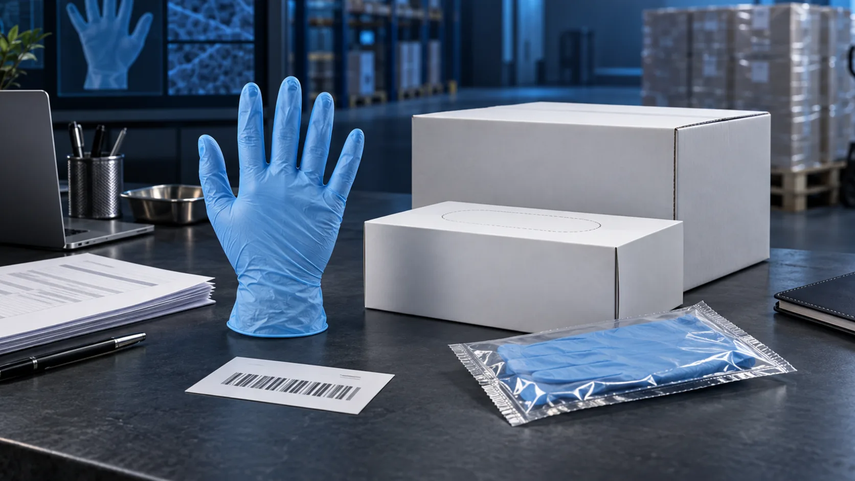 Complete blue disposable glove beside blank dispenser cartons, sealed sample and procurement documents in a cool-toned warehouse quality area