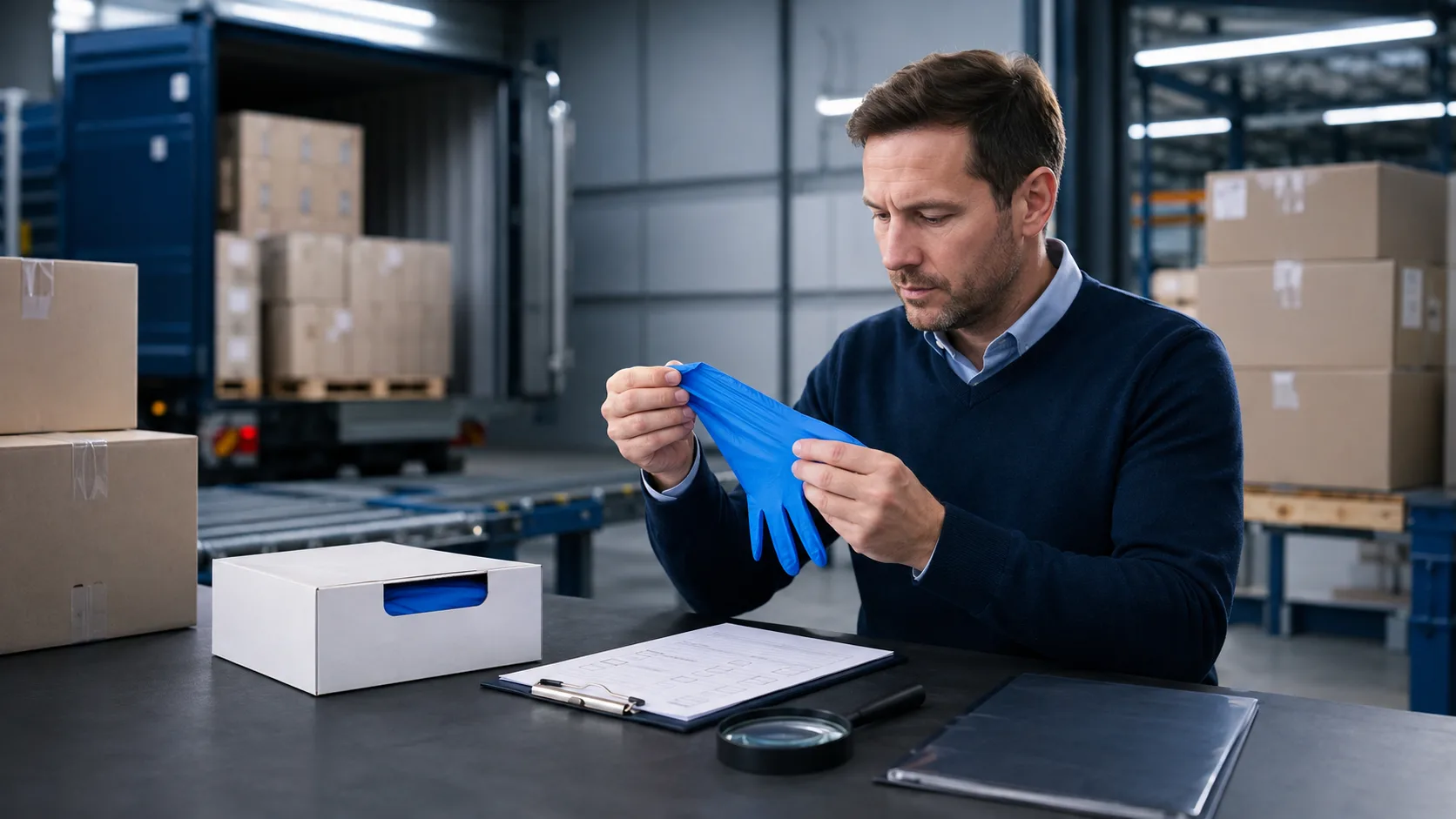 Procurement professional inspecting a blue nitrile glove beside cartons and an inspection checklist in a warehouse