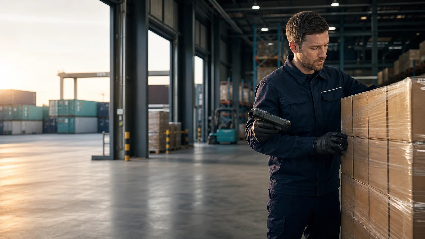 International logistics professional checking sealed glove cartons at a distribution hub