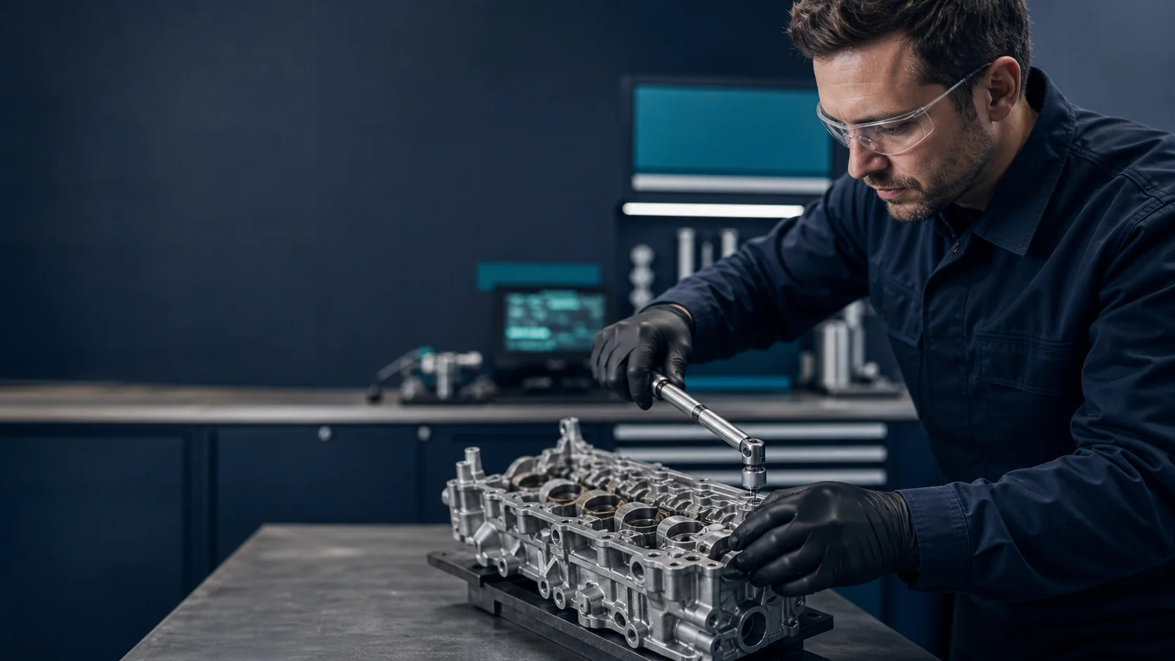 Automotive technician inspecting an engine component while wearing black nitrile gloves
