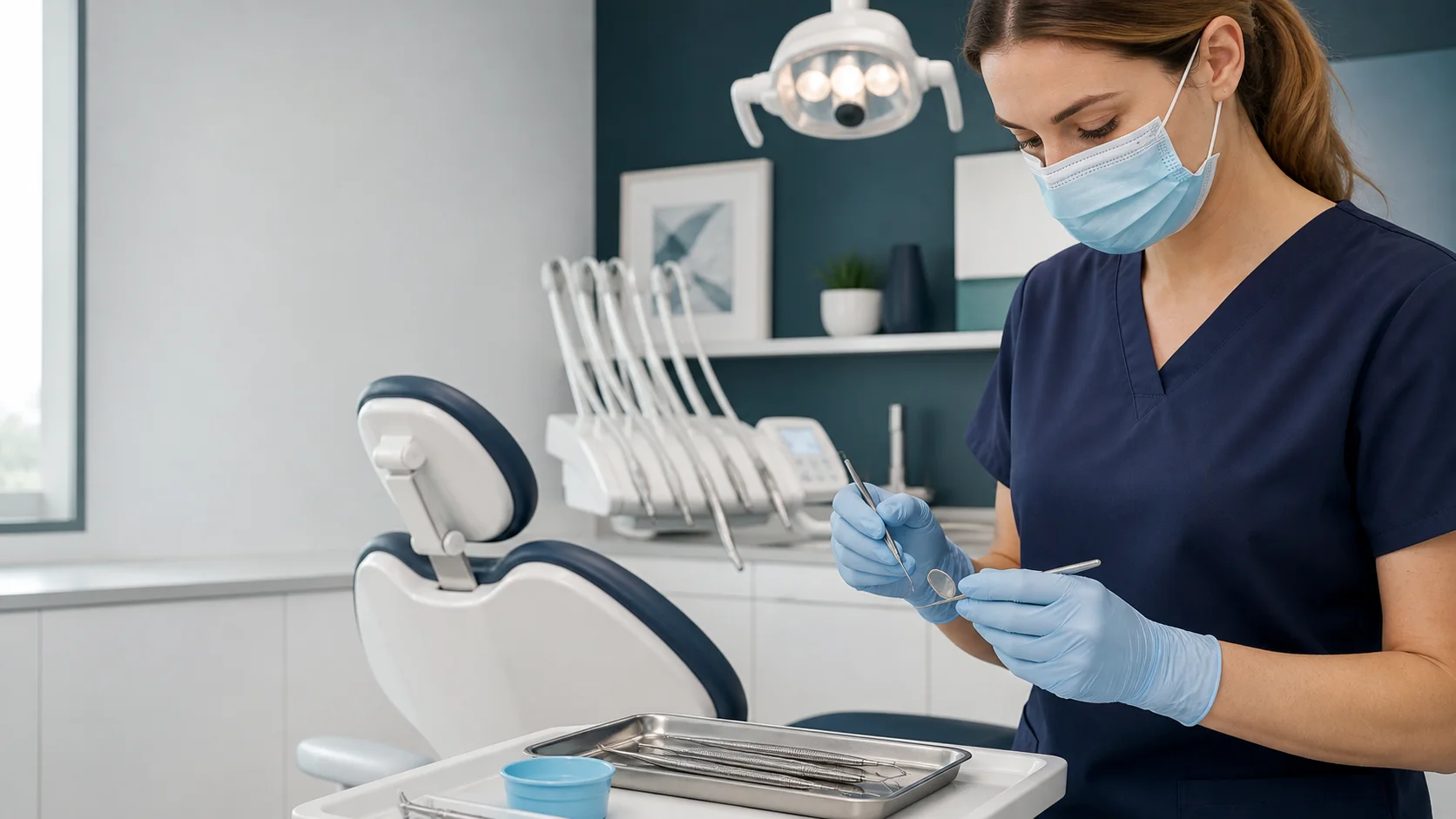 Dental clinician preparing instruments while wearing pale blue nitrile examination gloves