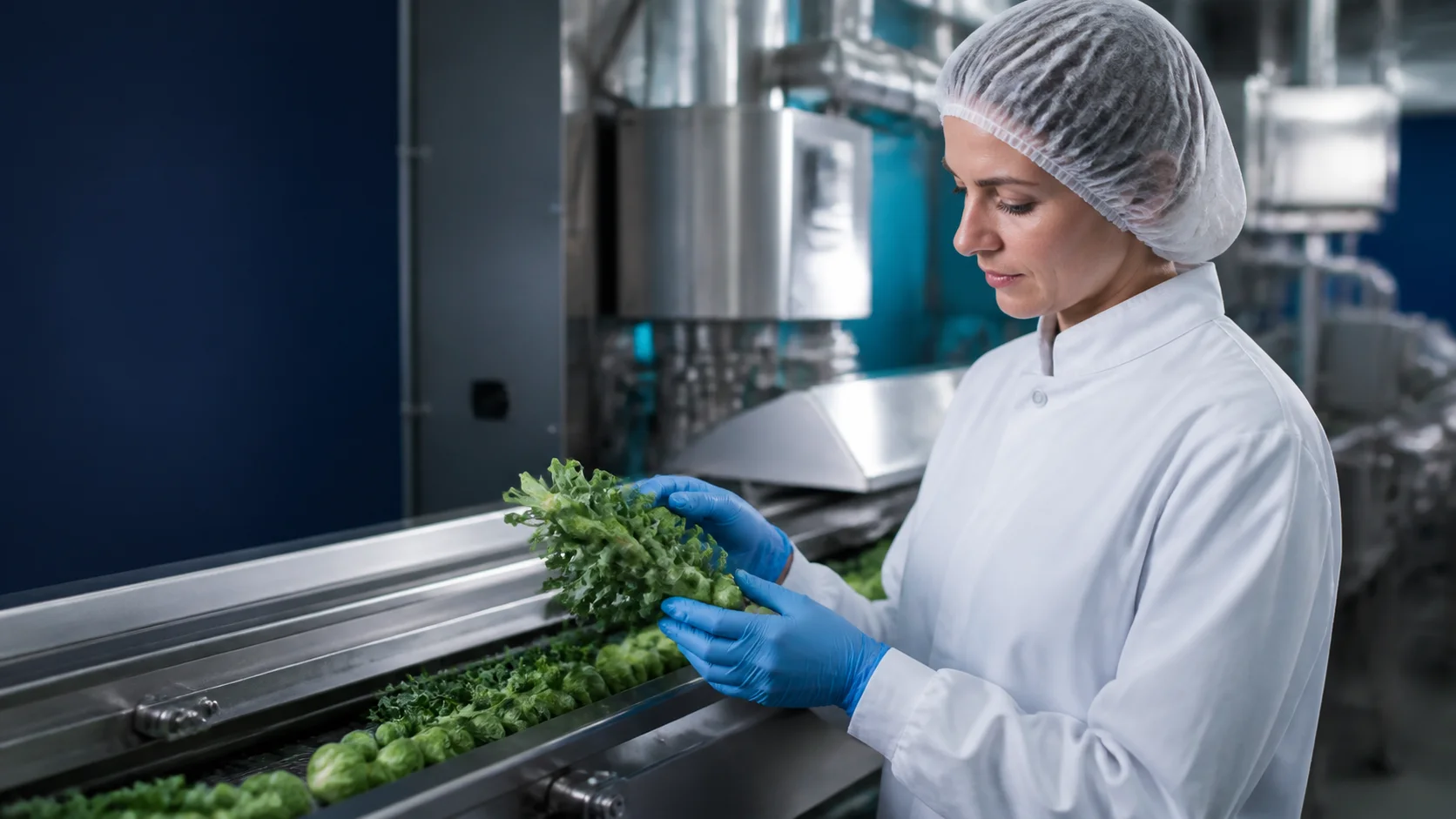Food-production technician inspecting fresh produce while wearing blue nitrile gloves