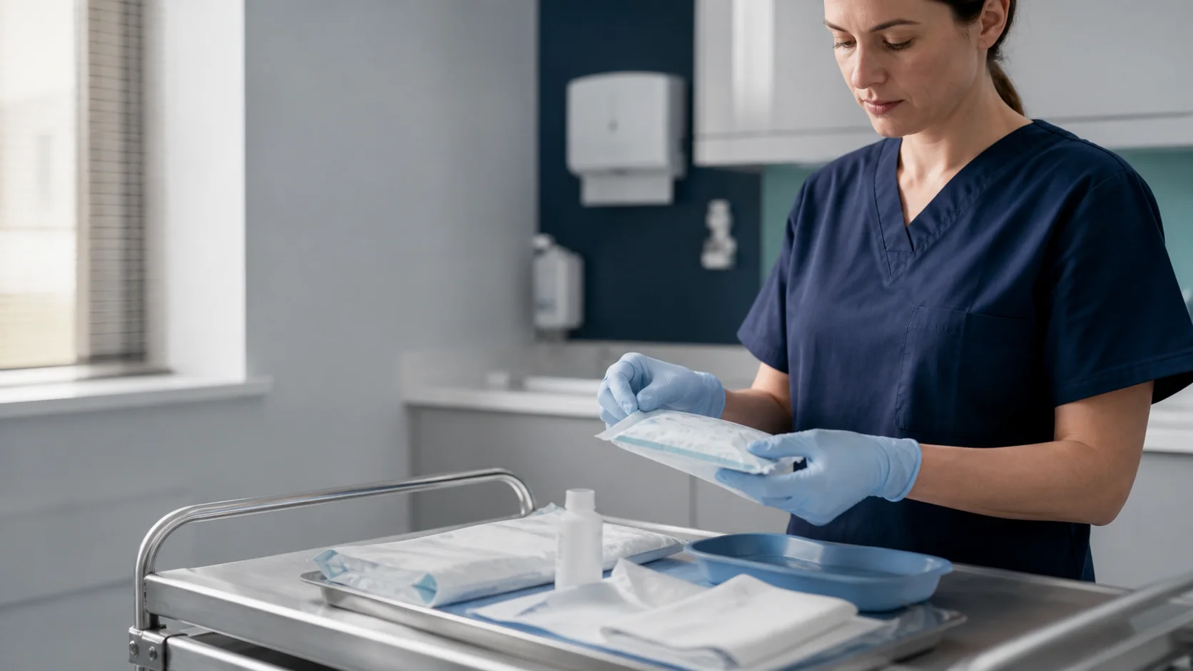 Healthcare clinician preparing a sealed dressing pack while wearing pale blue nitrile gloves